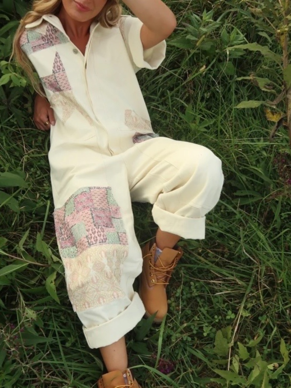 Maddy J Boutique Cream Jumpsuit/Overalls with Quilt style Patchwork - Picture 3 of 12
